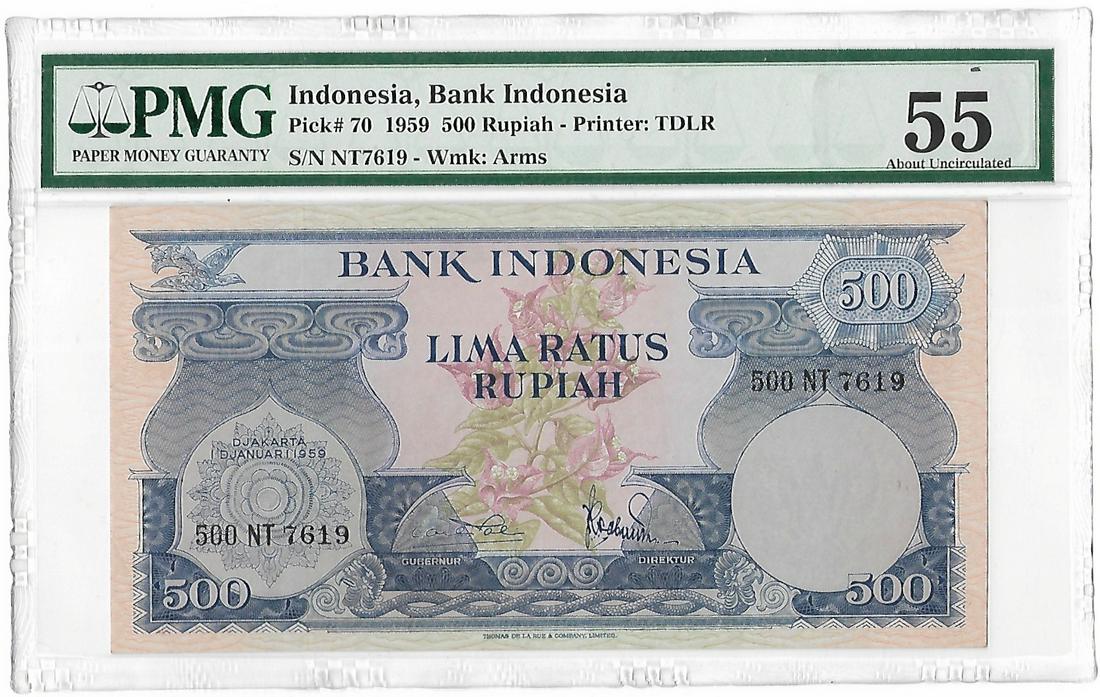 Indonesia 500 Rupiah flower series keynote PMG55 AUNC: Indonesia 500 Rupiah PMG55 â€œNT7619” 1959 about UNC