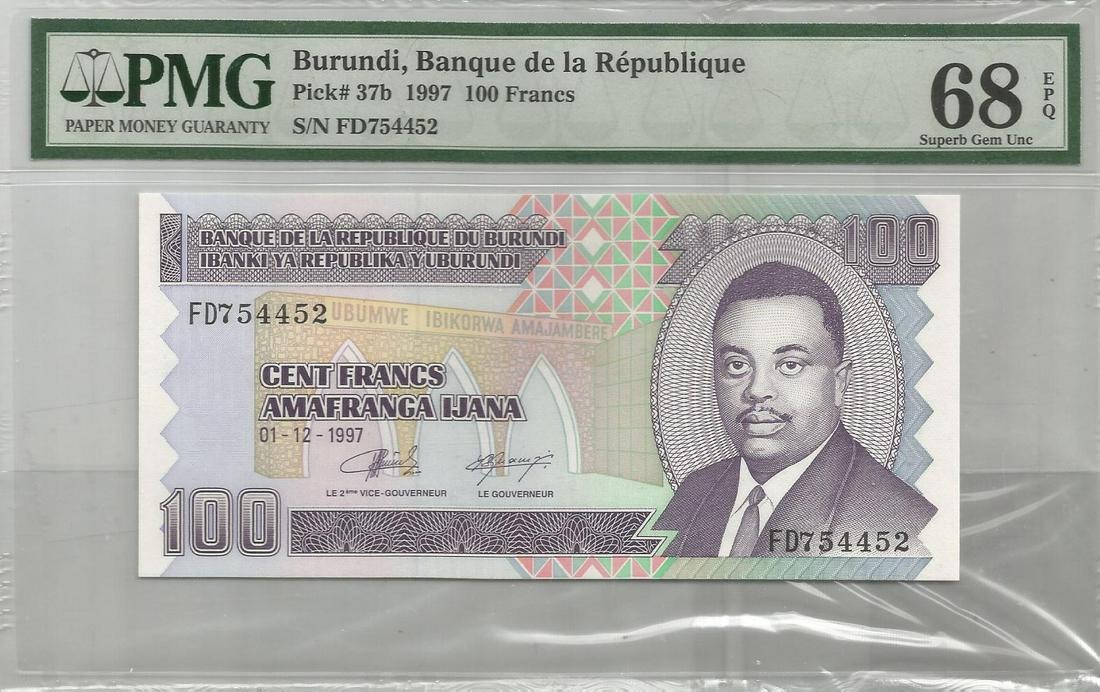 Burundi 100 Frans PMG 68: Burundi 100 Francs PMG68 â€œFD 754452” Super Gem UNC 1997