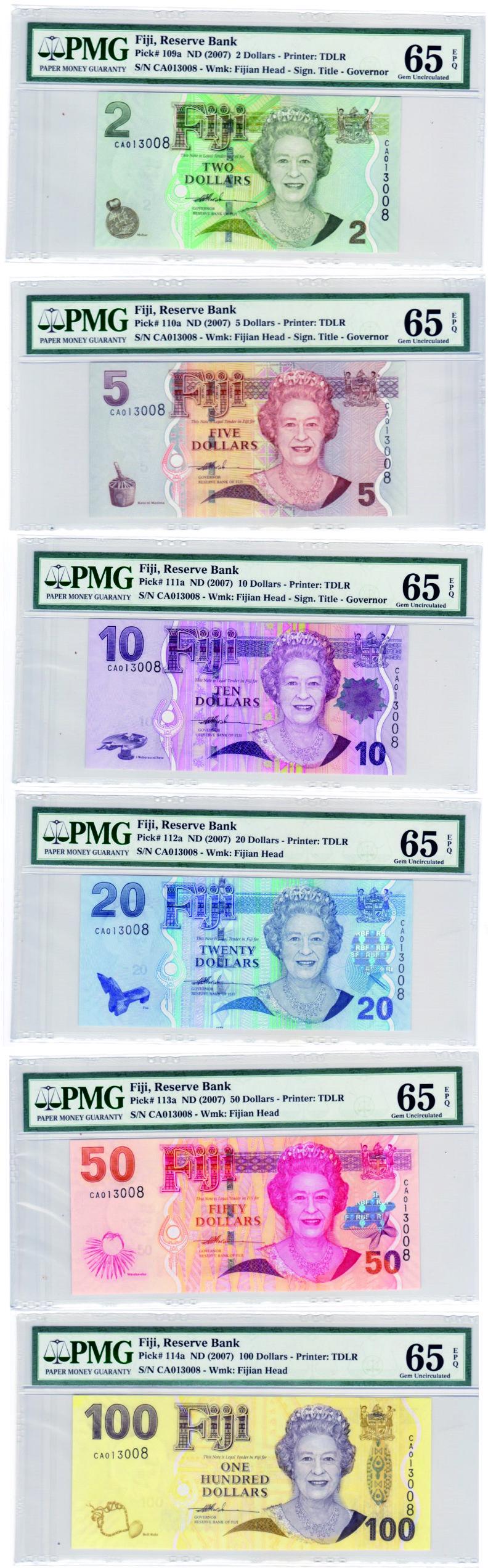 Fiji 2,5,10,20,50,100 Dollars PMG 65 EPQ Gem UNC Same (1 of 4)
