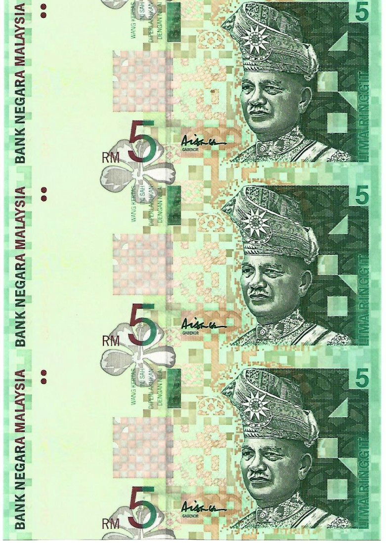 Malaysia 5 Ringgit Seri Aishah Uncut x 3 UNC 1999 (1 of 2)