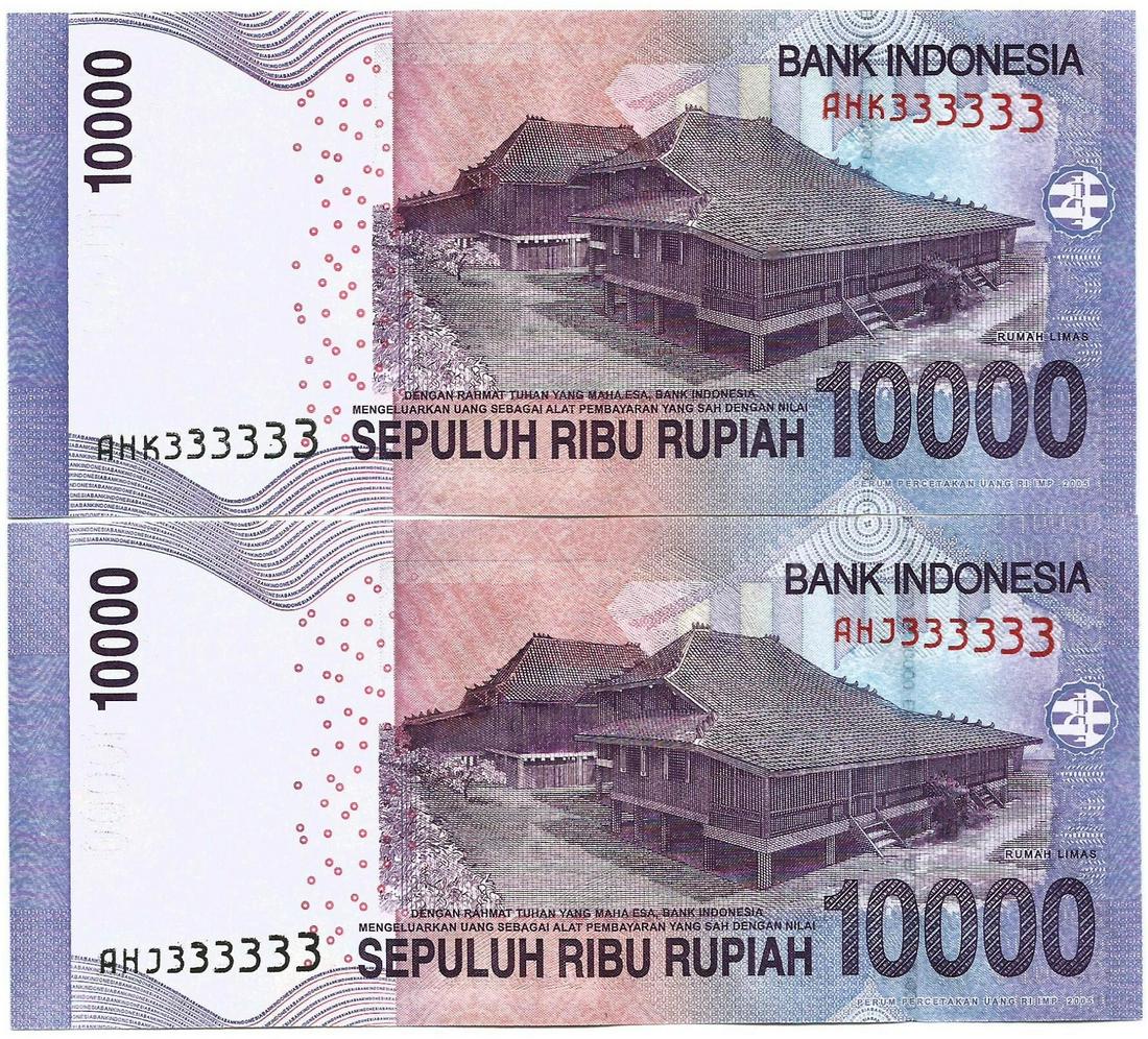 Indonesia 10000 Rupiah Solid 3 x2pcs sn AHK333333 & (1 of 1)