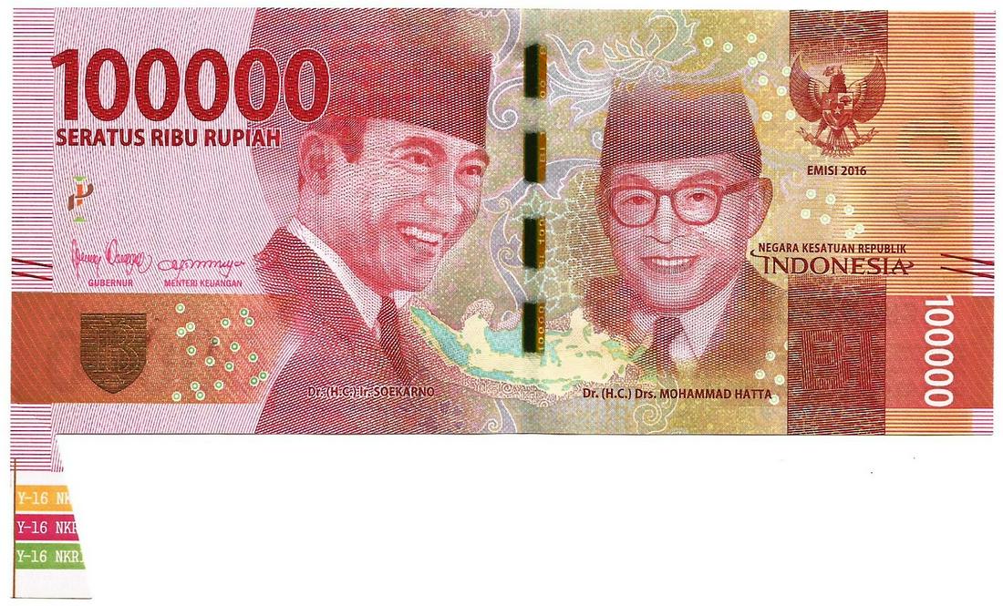 Indonesia 100000 Rupiah Miscut with extra fin 2016: Indonesia 100000 Rupiah Miscut with extra fin 2016