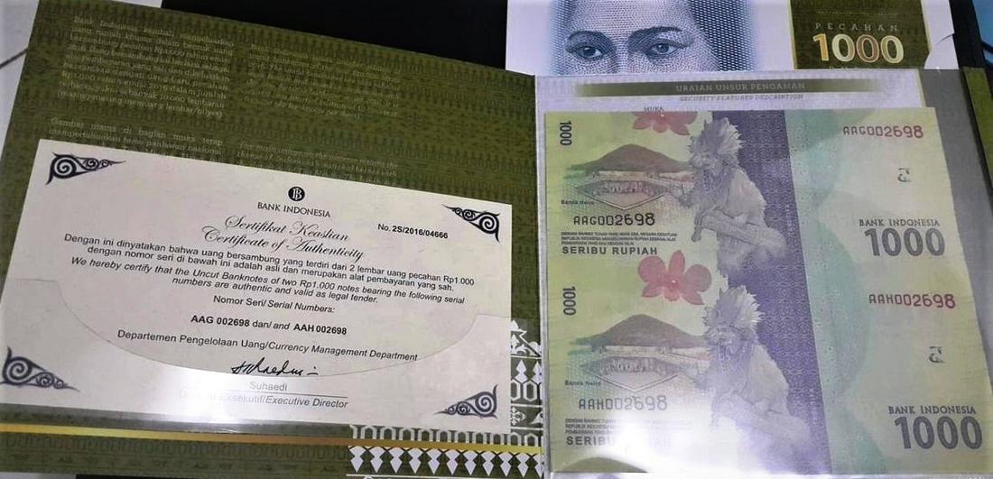 Indonesia Uncut 1000 Rupiah x2 UNC with folder & COA (1 of 1)