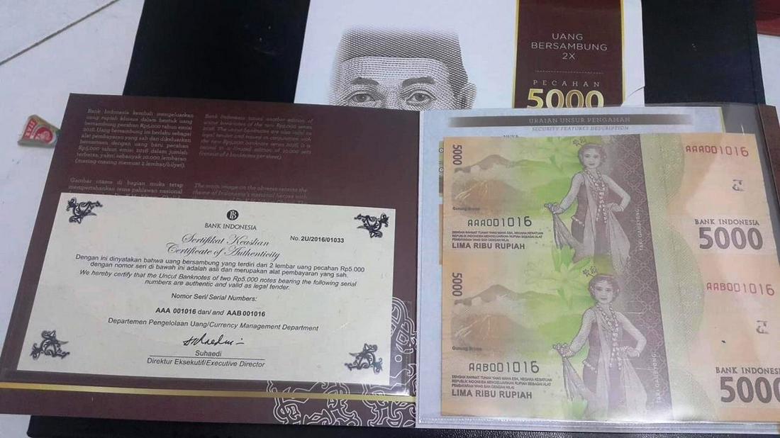 Indonesia Uncut 5000 Rupiah x2 UNC with folder & COA (1 of 1)