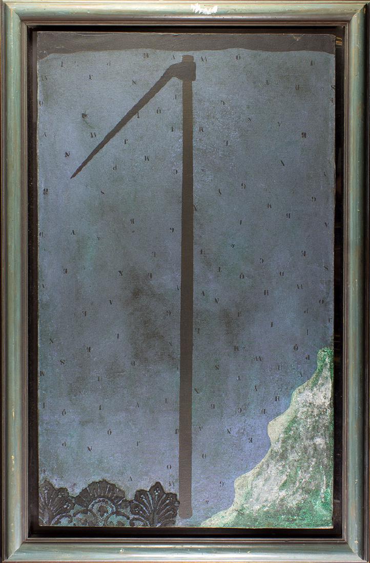 Daniel Argimon: Daniel Argimon (Barcelona, 1929-1996) Composición. Técnica mixta sobre lienzo. Firmado y fechado en 1977 en el reverso. Dimensions: 100 x 60