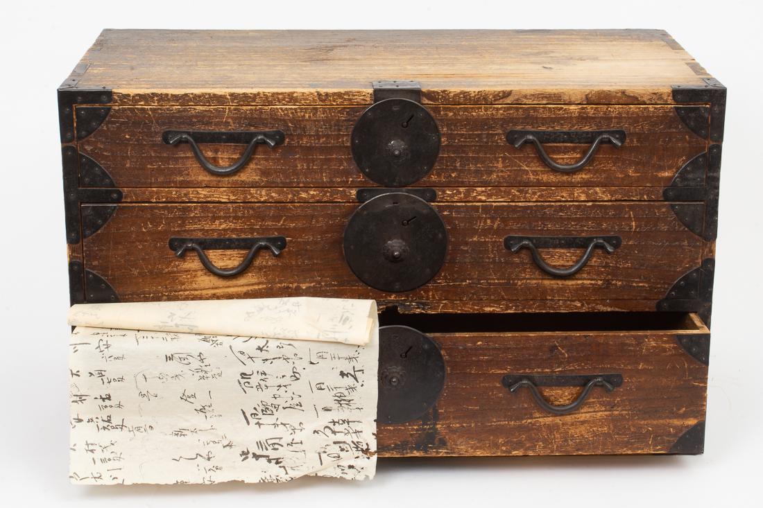 Antique Iron Strapped 3-drawer Japanese Tansu Chest 30": Description: Early 20th century iron strapped three-drawer Japanese Tansu Chest made of traditional pine and with handmade iron pulls and locks Dimensions: 30" Wide x 15.5" Deep x 18" Tall