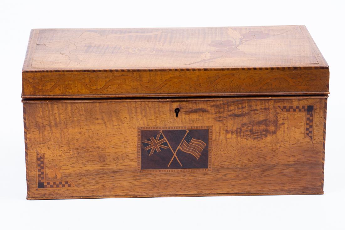 Inlaid Wood Locking Box Union Jack & American Flag 12": Description: Decorative antique inlaid locking box with Union Jack, American flag, flowers, ribbons, name "Eliza," and mother of pearl hearts. Interior includes an old photograph of a young soldier.