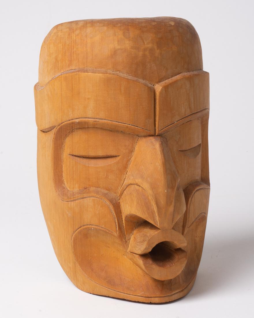 Northwest Coast Artwork Mask by Willie Wadhams 7.5"tall: Description: Hand Carved Northwest Coast / First Nations Mask of Tsonokwa Wild Woman of the Woods by artist Willie Wadhams of the Kwakiutl. Executed in 2000 and carved from cedar.