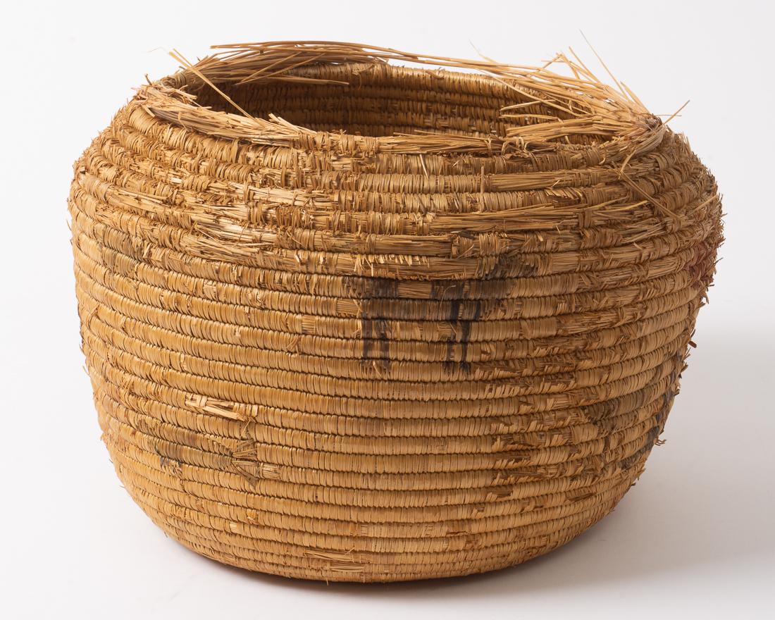 Antique Alaskan Hand Coiled Eskimo Story Basket 12": Description: Alaskan Eskimo woven coil story basket displaying birds, seals, reindeer, and other animals. This is clearly an old example, showing excellent original artistry and design, b