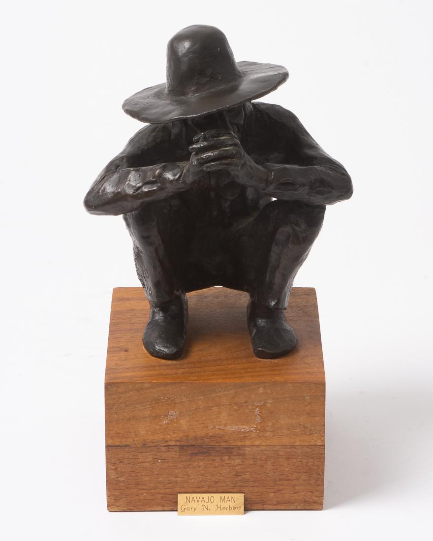 Signed Gary Herbert Bronze 11" Statue "Navajo Man" 1973: Description:Â "Navajo Man," Signed Bronze from 1973 by Colorado artist Gary Herbert. Numbered 1/20 and on an original walnut base. Dimensions: 11" tall on a 5" x 5"