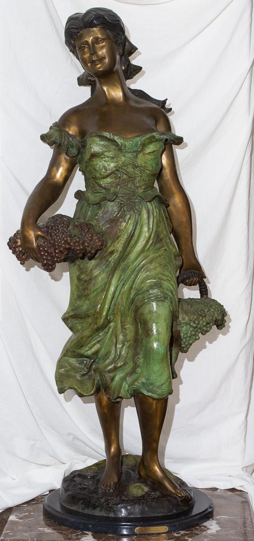 Bronze After Hippolyte Francois Moreau "Autumn" 11/89: "Autumn" Bronze by Castano, after Hippolyte Francois Moreau Bronze, 11/89 Bronze of a young woman carrying two baskets of grapes. Dimensions: 53.5" tall x 24.5" wide x 20" pedestal