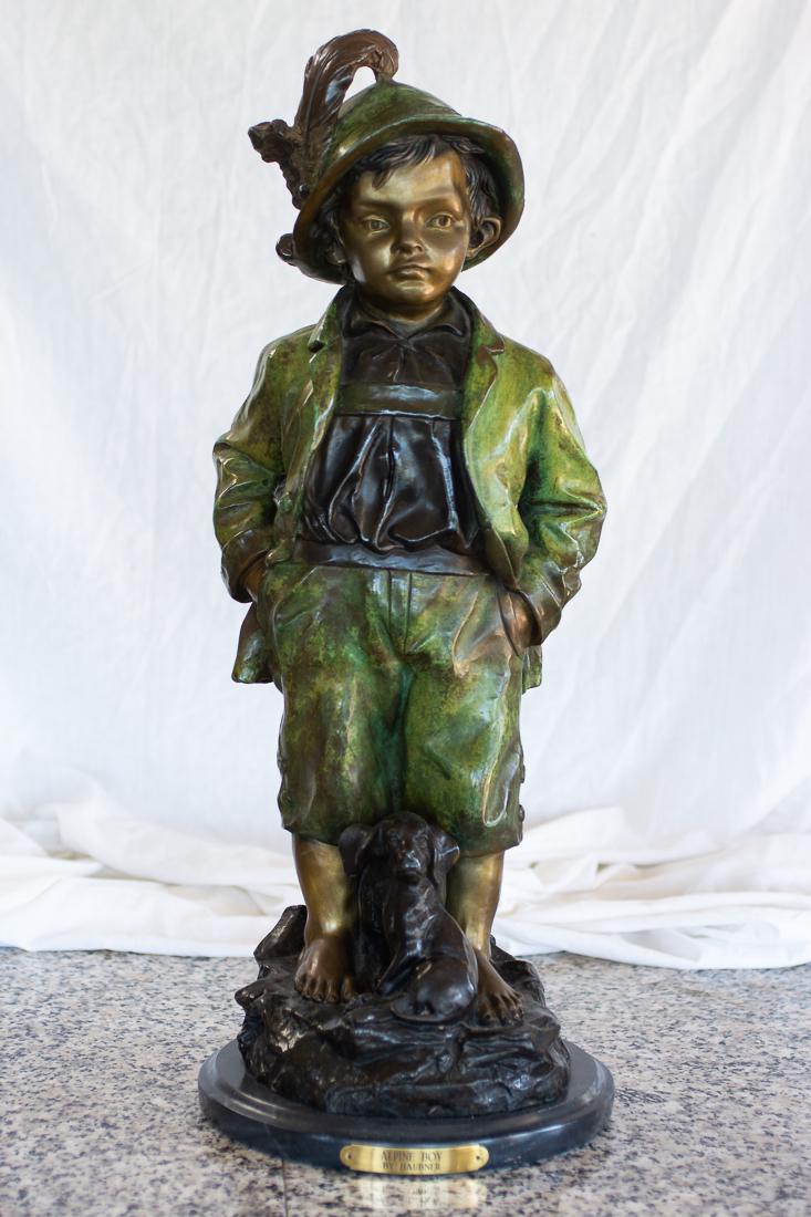 "Alpine Boy" Lost Wax Bronze Statue by Haubner 26"t.: "Alpine Boy" Lost Wax Bronze Statue by Haubner Original bronze of a young boy in the Alps, featuring a nice green coat patina Dimensions: 26" tall x 11" diameter marble base