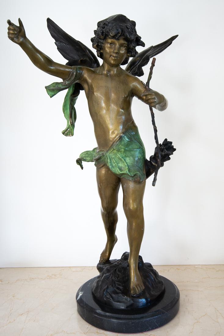 Bronze Cherub with Wings After Auguste Moreau 23"tall: Bronze Cherub with Wings and Green Cloth after artist Auguste Moreau Dimensions: 22.25" tall x 13" wide on a 9" diameter pedestal
