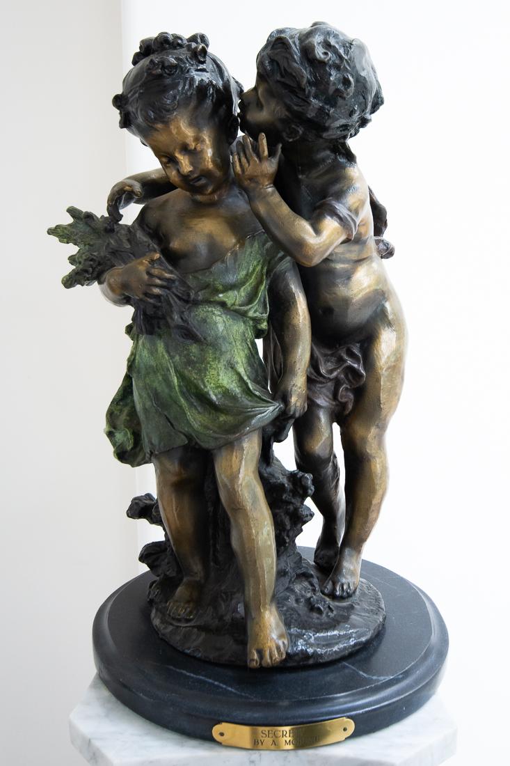 "Secret" Lost Wax Bronze Statue by Auguste Moreau 18"t.: "Secret" Lost Wax Bronze Statue by Auguste Moreau Dimensions: 18" tall x 10" pedestal