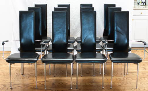 12 Leather Dining Chairs by G. Vegni & G. Gualtierotti: Set of 12 Leather Dining Chairs by Giancarlo Vegni & Gianfranco Gualtierotti Produced in Italy by Fasem Set includes 10 high back dining chairs and two armchairs in black leather and chrome plating