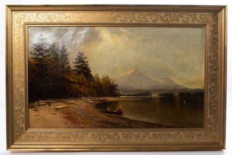 Harvey Otis Young 1873 Landscape Lake Painting 19x29": Harvey Otis Young Landscape Lake Painting Framed Dimensions: 19-1/8" x 29" Signed and dated to 1873 Oil on canvas in a gold gilt frame