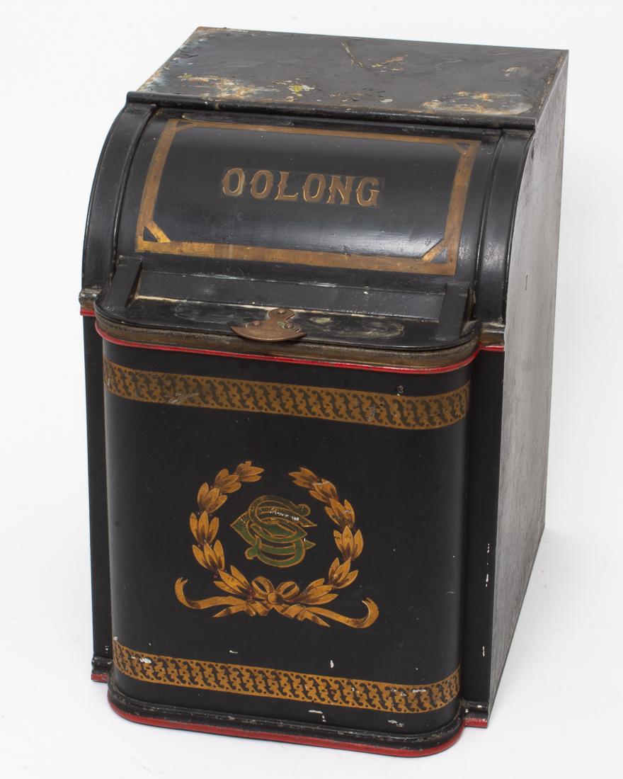 Antique Merchant Tole Ware Tea Storage Bin 24" tall: Description: Antique black metal tole ware painted Oolong tea storage bin. Extra large, merchant size. Measurements: 24" Tall x 17" Wide x 22" Deep Estimated Domestic Shipping & Handling for this item