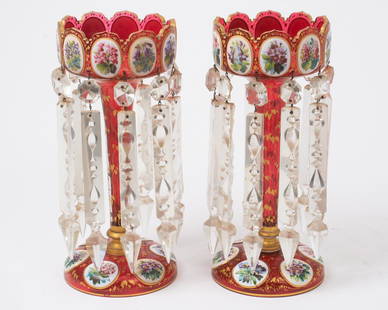 Pair of Antique Cranberry Glass Mantle Lusters 12.75"t.: Description: Antique mantle lustres, matched set of two. Cranberry pink glass with gold painted overlay. White medallions on base and rim with detailed flower portraits. Cut crystal spears.Measurement