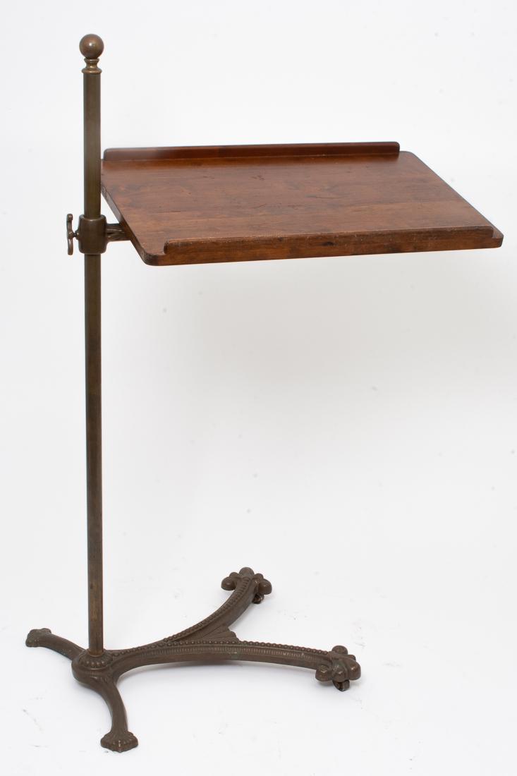 J-Art Iron Bronze & Mahogany Art Deco Music Stand 44" t: Description: Antique J-Art iron bronze & mahogany art deco adjustable music stand, made in Los Angeles. Measurements: 44.5" tall x 27" wide