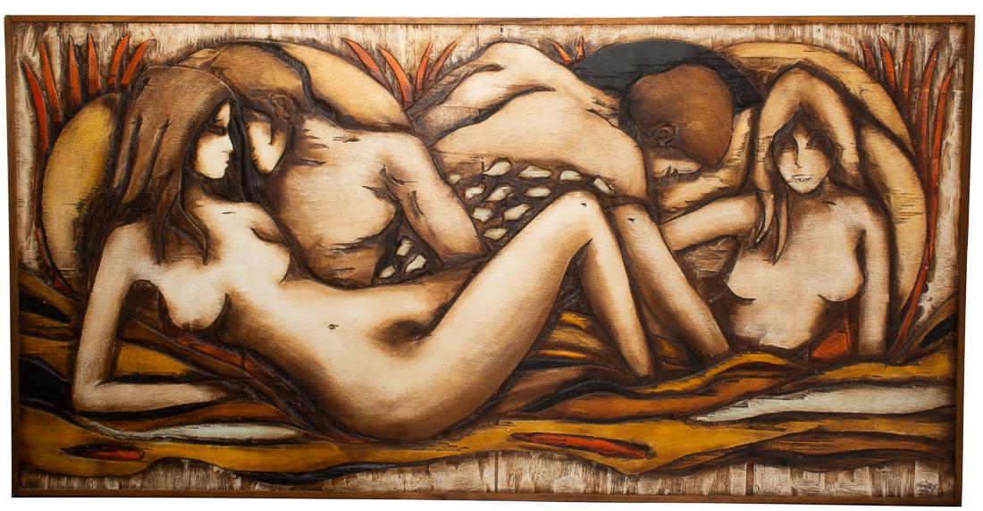 Modernist Wood Carving by Jean-Claude Gaugy 49 x 97": Description: Original signed Jean-Claude Gaugy abstract wood carved painting of bathers in the nude.Dimensions: Framed 49.5" tall x 97" wide