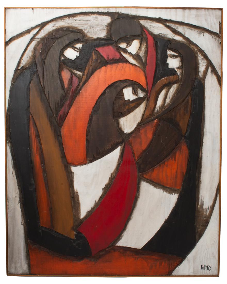 Wood Carved Painting by Jean-Claude Gaugy 60 x 48": Description: Original signed Jean-Claude Gaugy abstract wood carved painting of four women in meeting Dimensions: Framed 60.75" tall x 48.5" wide