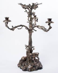 Victorian Three-light Silverplate Candelabra 23"tall: Made in Birmingham, 1858-59, by Elkington & Co Oak tree with three removable faux-bois arms each with a single sconce, raised on a naturalistic base with two stags Dimensions: 23.25" tall x approx 17.