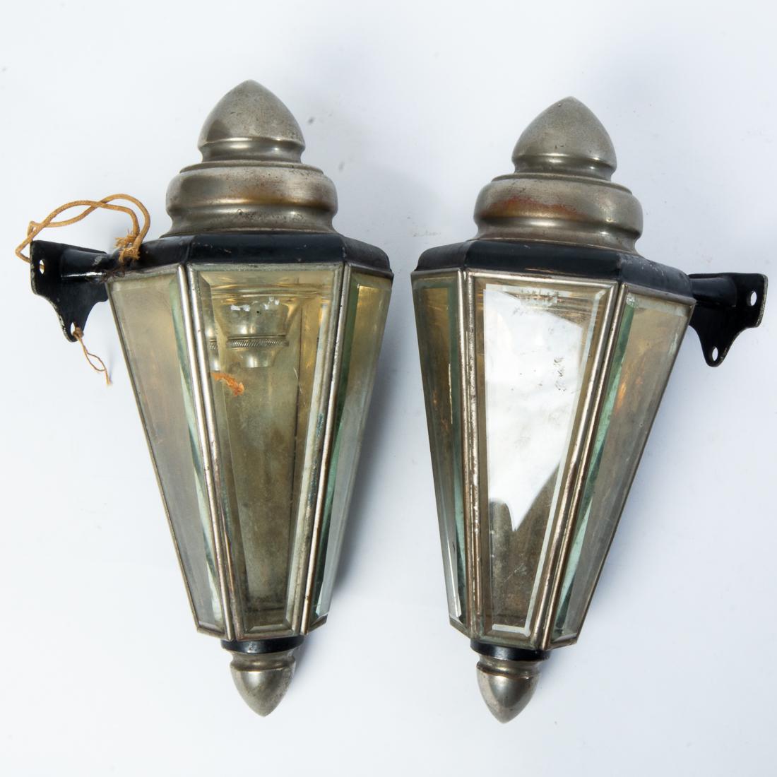 Antique Metal & Glass Carriage Lights Lanterns 14.5": Pair of Antique Carriage Light Lantern Sconces Antique pair with a rich patina, old glass and original paint. Dimensions: 14.5" x 6" in depth x 6.5" wide Estimated Domestic Shipping & Handling for thi