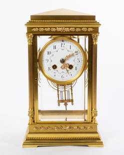 Vintage Tiffany & Co Crystal Regulator Clock: Tiffany & Co. Carriage Clock Fully Marked, "Made in France" Numbered 1583-411 with all components in place. Embossed metal exterior with fluted Corinthian columns and beveled glass. Dimensions: 5-1/