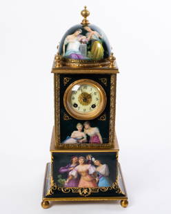 19th century Vienna Porcelain & Ormolu Mantel Clock: 19th century Vienna Porcelain & Ormolu Mantel Clock Marked "Vienna Austria" with hand painted exteriors signed "Yohner" Dimensions: 7-1/2" x 7-1/2" base x 17" tall