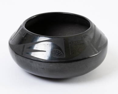 Maria Martinez Pottery Bowl San Ildefonso Pueblo Black: Signed Maria Martinez Pottery BowlBlack-on-Black San Ildefonso Pueblo / Native American Ceramic Dimensions: 3" Tall x 7" Wide