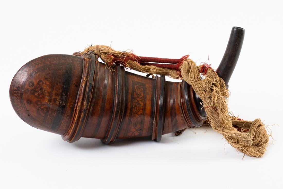 Antique Moroccan Leather Powder Horn Keg Cask Flask: 19th Century Moroccan Powder Horn Leather with Cow Horn Tip Intricately Decorated Fiber Carrying Strap 15" Long