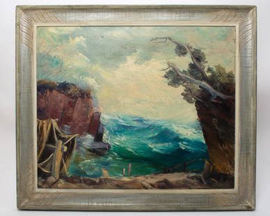 Dewey Albinson Signed Oil Painting of the North Shore: Original Framed & Signed Dewey Albinson Oil PaintingTitled "The Net Road" in pencil on the rear and marked with an original price of $400.00. This example remains in a very nice frame that was handma