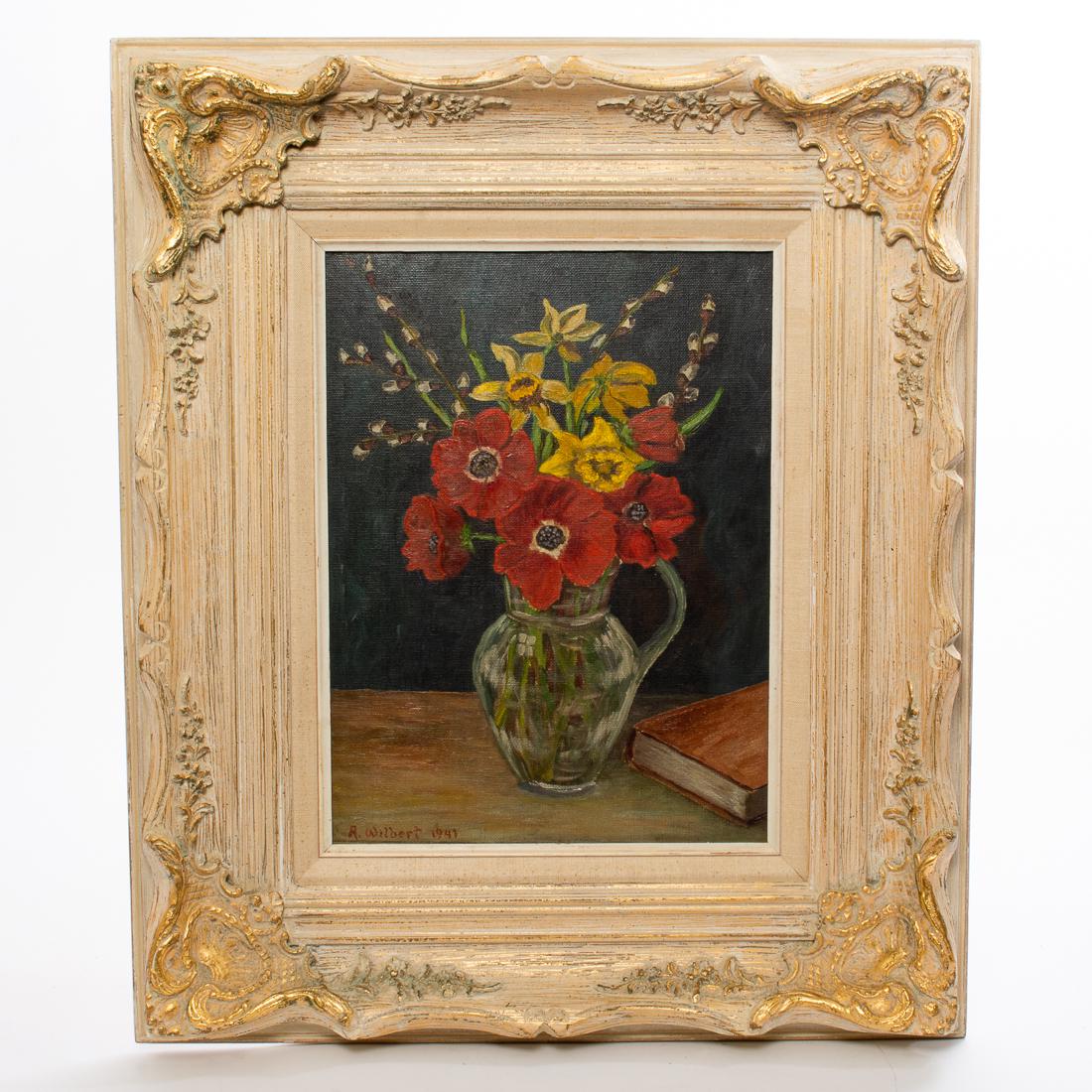 Early Signed Robert Wilbert Oil Painting: Early Robert Wilbert Oil Still Life Signed "R. Wilbert 1941" Flowers Poppies & Willow buds in a Vase with Book, Still Life Framed dimensions: 22" x 261" Painting dimension