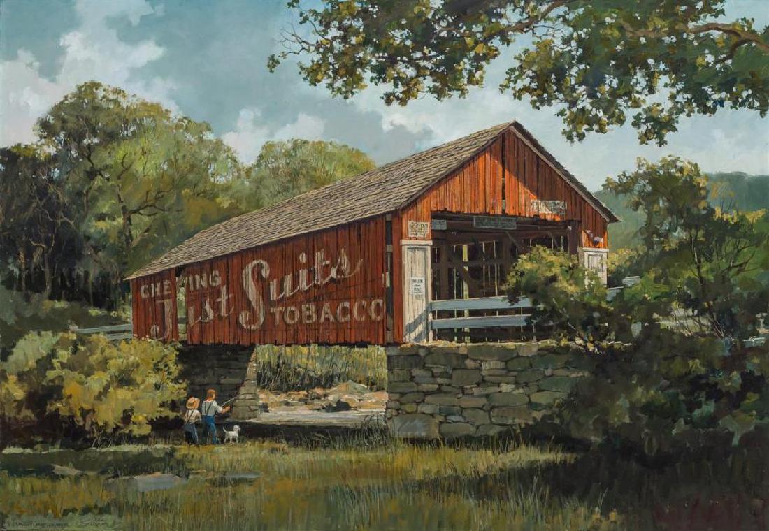 ERIC SLOANE, American (1905-1985), "Just Suits", oil on: ERIC SLOANE American (1905-1985) "Just Suits" oil on masonite, signed and inscribed lower left "Eric Sloane, Vermont Midsummer", signed and inscribed on the reverse "Old Bridge / Near Cornwall VT / 18