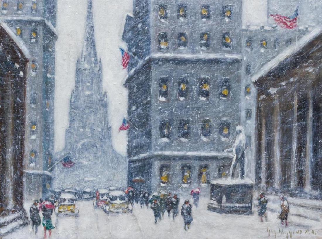 GUY CARLETON WIGGINS, American (1883-1962), "Wall St.: GUY CARLETON WIGGINS American (1883-1962) "Wall St. Winter" oil on canvasboard, signed lower right "Guy Wiggins N.A.," signed and titled on the reverse 11 3/4 x 16 inches Provenance: Private Collectio
