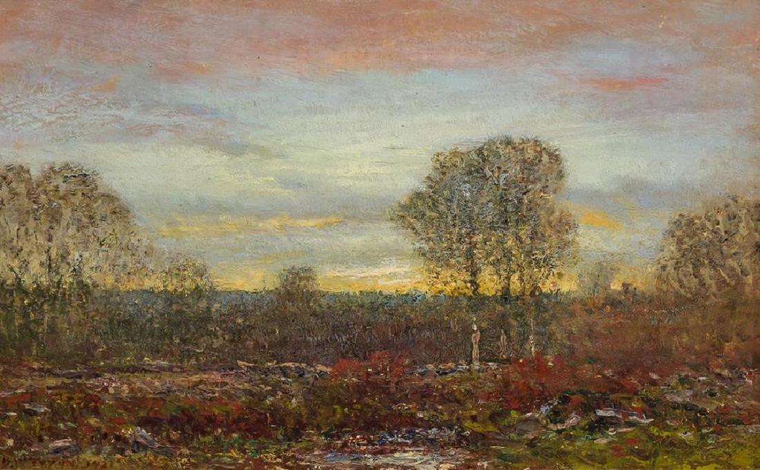 DWIGHT WILLIAM TRYON, American (1849-1925), "Autumn: DWIGHT WILLIAM TRYON American (1849-1925) "Autumn Twilight" oil on board, signed and dated lower left "D. W. Tryon 1921," titled, signed and dated on the reverse 7 1/8 x 11 inches Provenance: Christie