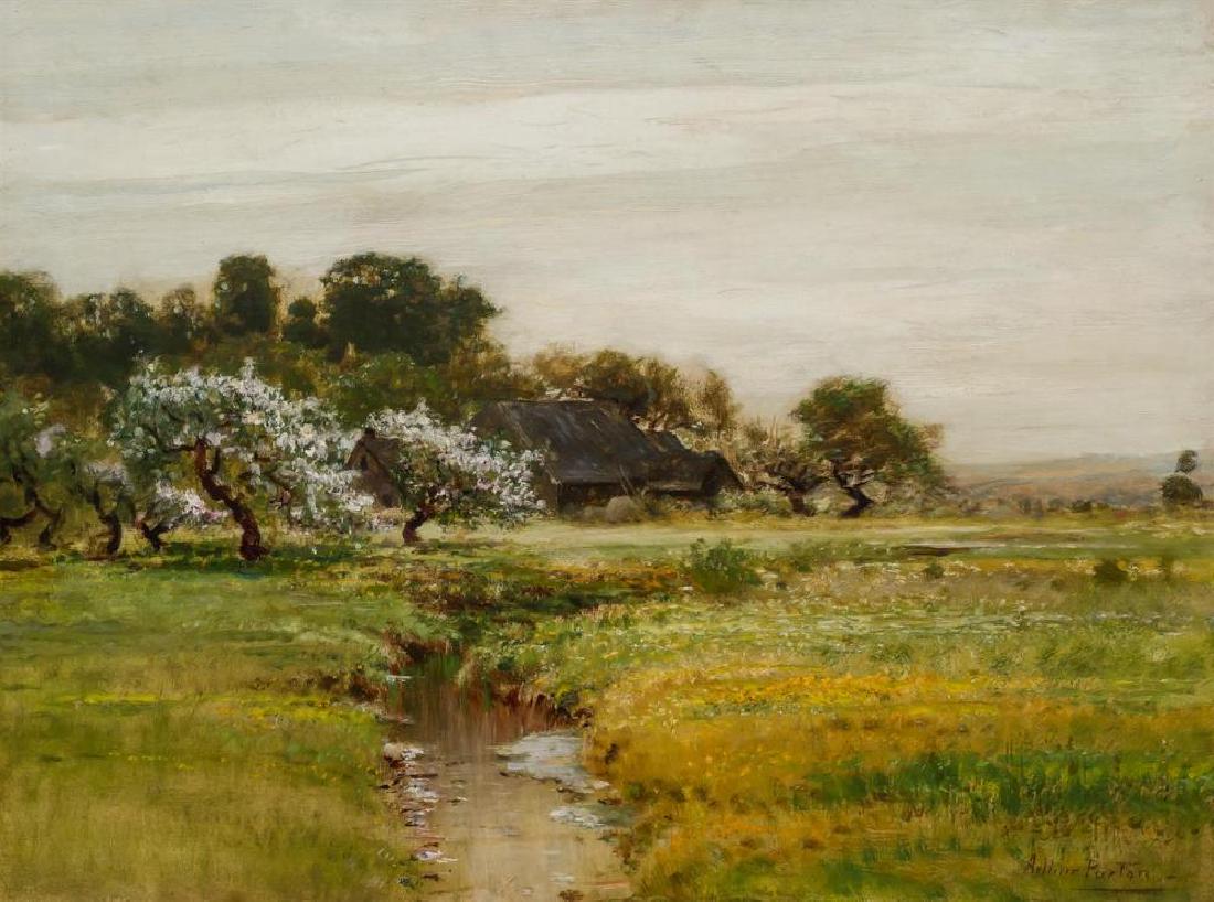 ARTHUR PARTON, American (1842-1914), Blossoming Trees: ARTHUR PARTON American (1842-1914) Blossoming Trees by a Stream oil on canvas, signed lower right "Arthur Parton" 18 x 24 inches Provenance: Private Collection, New York. Other Notes: Tags: Oil Pa