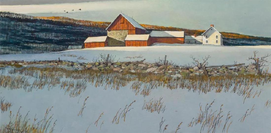 ERIC SLOANE, American (1905-1985), "Evening Quiet", oil: ERIC SLOANE American (1905-1985) "Evening Quiet" oil on masonite, signed lower left "Eric Sloane N.A." 19 x 38 inches Provenance: Fenn Galleries, Santa Fe, New Mexico; Private Collection, Connecticut.