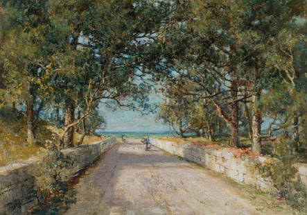 PROSPER LOUIS SENAT, American (1852-1925), Road to the: PROSPER LOUIS SENAT American (1852-1925) Road to the North Shore, Bermuda oil on paper, signed lower left "Prosper Senat," signed "Prosper Senat" faintly lower right 19 x 27 inches (sight) Provenance: