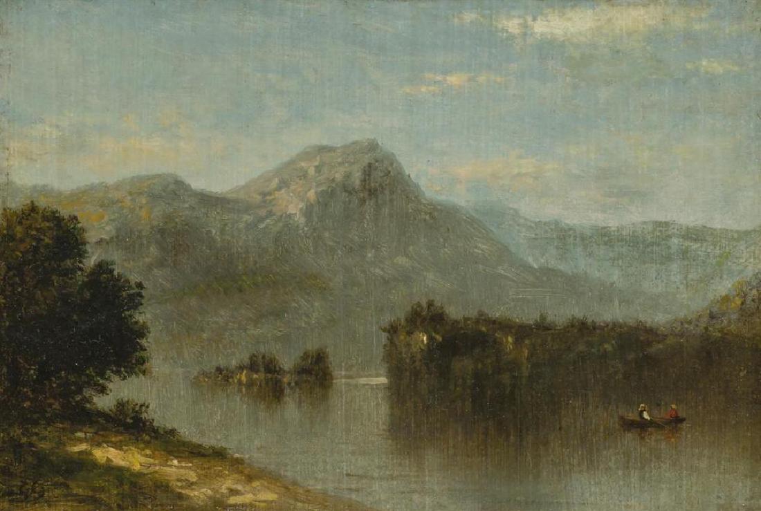 DAVID JOHNSON, American (1827-1908), Lake George, oil: DAVID JOHNSON American (1827-1908) Lake George oil on board, monogrammed lower left "DJ" 5 7/8 x 8 1/2 inches Provenance: Private Collection; Eldred's, East Dennis, Massachusetts, April 4, 2015, lot 1