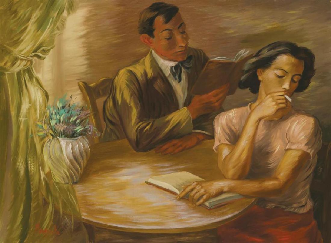 PEPPINO MANGRAVITE, American (1896-1978), Young Couple: PEPPINO MANGRAVITE American (1896-1978) Young Couple Reading oil on canvas, signed lower left "Mangravite," signed and dated on the reverse "1937" 29 x 39 inches Provenance: Estate of the artist, Bron