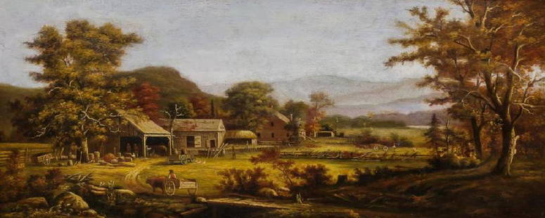 RICHARD WILLIAM HUBBARD, American (1817-1888), A Busy: RICHARD WILLIAM HUBBARD American (1817-1888) A Busy Day on the Farm oil on panel, monogrammed and dated lower right "74" 9 x 20 3/4 inches Provenance: Private Collection, Massachusetts;