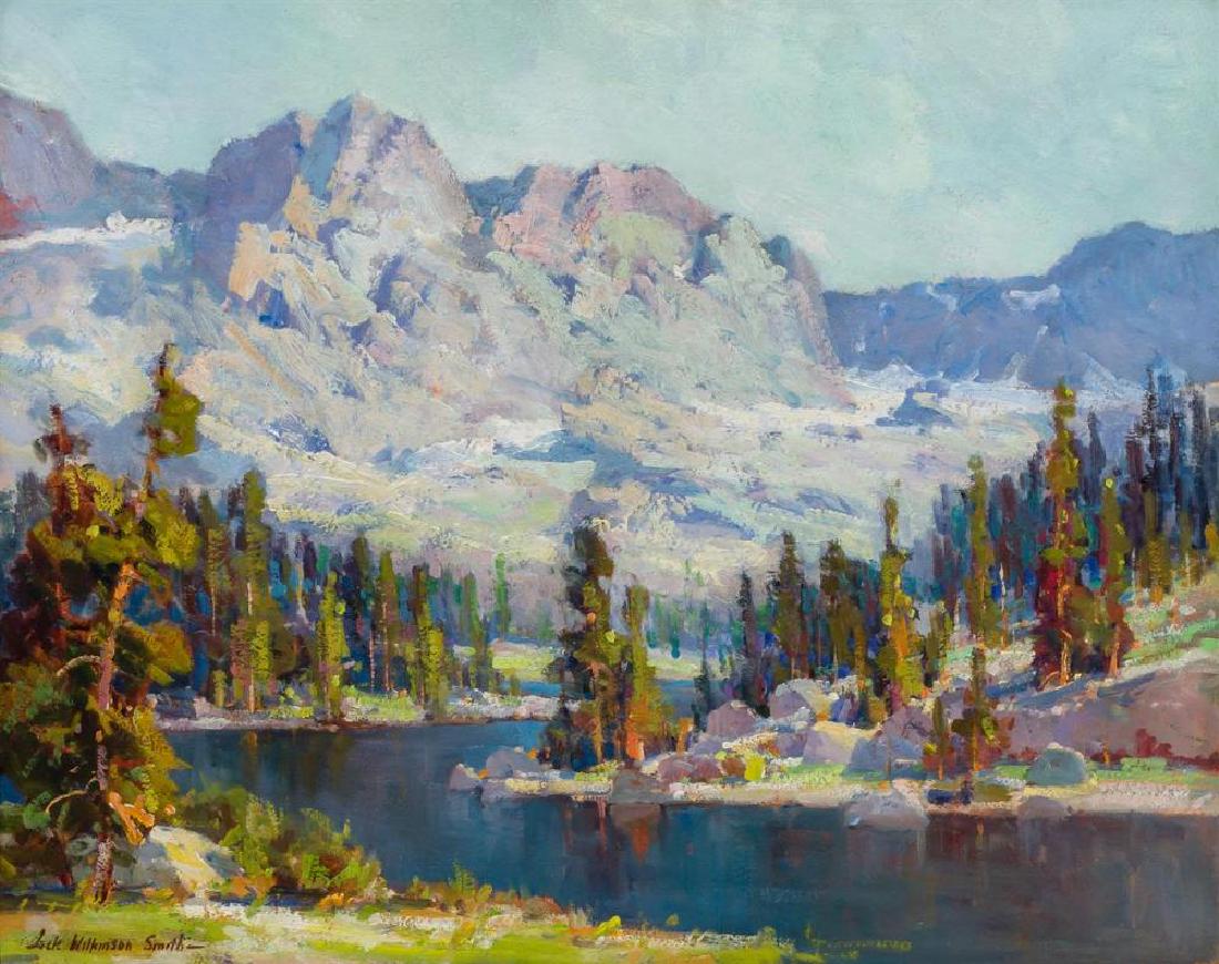 JACK WILKINSON SMITH, American (1873-1949), "Pine: JACK WILKINSON SMITH American (1873-1949) "Pine Bordered Lake, High Sierra" oil on panel, signed lower left "Jack Wilkinson Smith," signed, titled and inscribed on the reverse "16 Champion Place, Alha