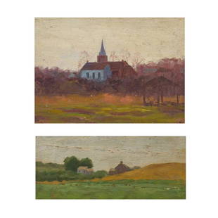 WILLIAM MERRITT POST, American (1856-1935), Church at: WILLIAM MERRITT POST, American (1856-1935), Church at Sunset Farm Scene (A Pair), oil on canvas, (a) 5 1/2 x 7 5/8 inches (sight) (b)2 7/8 x 6 3/8 inches (sight), unsigned, PROVENANCE: Sale of the art