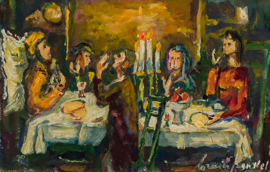BORIS BORVINE, FRANKEL, Polish (1895-1984), Seder, oil: BORIS BORVINE FRANKEL, Polish (1895-1984), Seder, oil on board, 6 x 9 1/4 inches, signed "Borvine Frankel" lower right , PROVENANCE: Private Collection, New York.