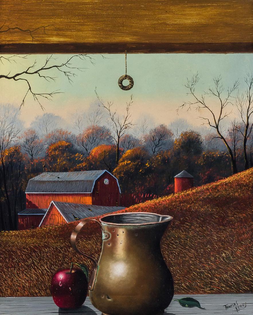 THOMAS KERRY, American(20th Century), View from a: THOMAS KERRY, American(20th Century), View from a Window, oil on masonite, custom window-shutter frame, 24 x 20 inches, signed "Thomas Kerry" lower right, numbered and dates "T-61/1975" on reverse PRO