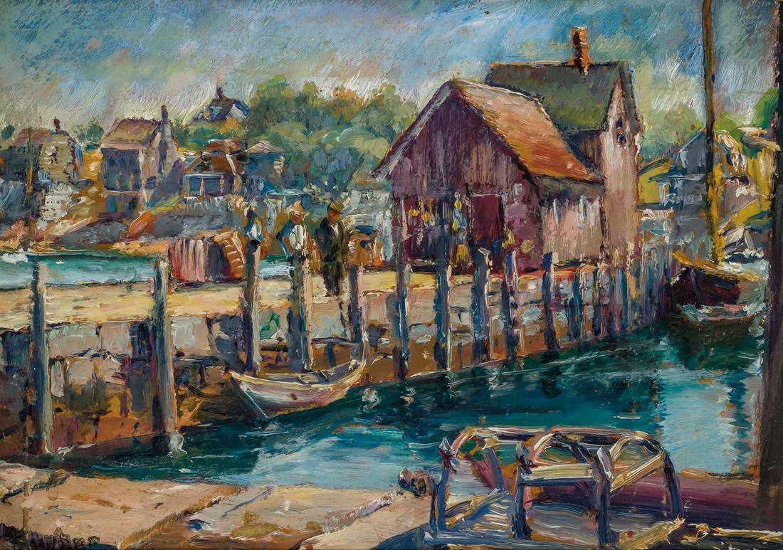 MAX KUEHNE, American, oil on board: MAX KUEHNE American (1880-1968) Pier, Rockport, Massachusetts oil on board, signed "Kuehne" lower left 8 1/2 x 11 3/4 inches Provenance: David Findlay Jr., Inc., New York, New York; Hirschl & Adler Ga