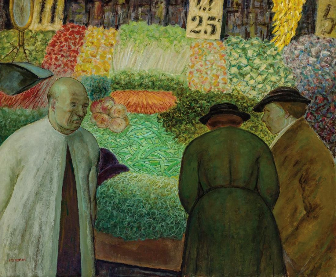 ARNOLD FRIEDMAN, American, oil on canvas: ARNOLD FRIEDMAN American (1874-1946) The Vegetable Stand oil on canvas, signed "Friedman" lower left 30 x 36 inches Provenance: The artist; By descent; Salander-O'Reilly Galleries, Inc., New York, New