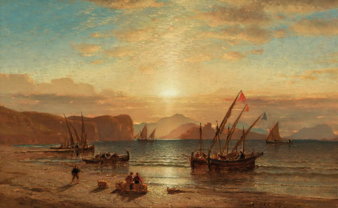 SAMUEL COLMAN, American, oil on canvas Panel backed: SAMUEL COLMAN American (1832-1920) Sunset Off the Coast of Africa oil on canvas Panel backed, signed "Samuel Colman" lower left 15 x 24 inches Provenance: Private Collection, Darien, Connecticut. Othe