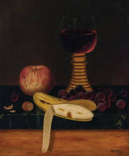 WILLIAM MICHAEL HARNETT, American, oil on canvas: WILLIAM MICHAEL HARNETT American (1848-1892) Tabletop Still Life with Fruit and Wine oil on canvas, signed "WM Harnett" and dated "1876" lower right 12 x 10 inches Provenance: Private Collection; by d